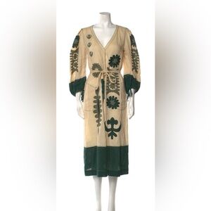 Boho Embroidered Maxi Dress in Natural and Forest Green Hand Made Printed size S